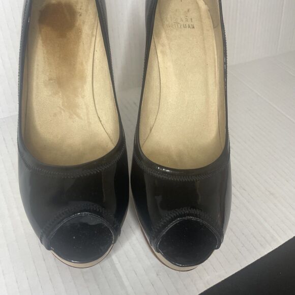Stuart Weitzman Pump Black 8 Avignon Patent Leather Peep Toe Wood Platform Logo - Picture 3 of 14